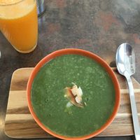 Spinach soup with thai green curry and coconut yoghurt at Tiffin Cafe in Lisbon