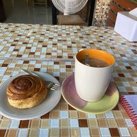 Cinnamon roll with Marsala tea with soy milk   at Da's Home Bakery in Chiang Mai