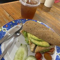 Fried tofu and avocado sandwich and peach iced tea  at Da's Home Bakery in Chiang Mai