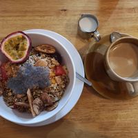 Muesli with Soy Yoghurt and fruits with coffee plus soy milk at Da's Home Bakery in Chiang Mai