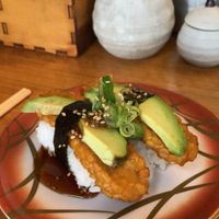 Tempeh and avo roll with a sweat soy sauce (garlic free)  at Kinoko in Byron Bay