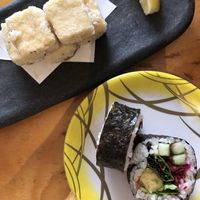 Salt and pepper tofu & an avocado, cucumber, lettuce and beetroot (vegan) roll !  at Kinoko in Byron Bay