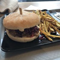 Shiitake teriyaki burger (yummm - I shouldn’t have taken the fries, the burger alone would have been enough) at Copper Branch - Frères Orban in Brussels
