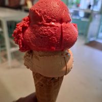 Raspberry sorbet and vegan hazelnut ice cream at Jannettas Gelateria in St Andrews