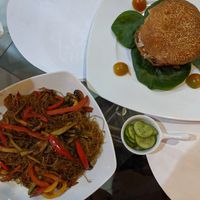 Lentil walnut burger and Noodles at Bliss. in Hurghada