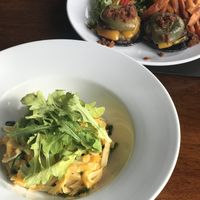 Butternut squash tagliatelle. It was well composed but I wish it had some deeper flavors or spice. We added black pepper which was good, great for spice-free family at Duffus Inn in Elgin
