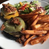 The best thing on the menu! Mediterranean flavors in stacked veggies with hand cut sweet potato fries.  at Duffus Inn in Elgin