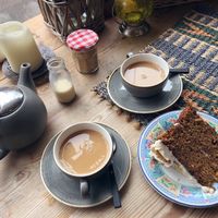 Tea with carrot cake  at Geo Cafe in Reading