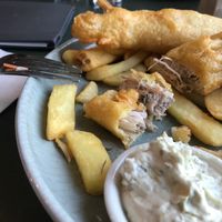 Banana blossom “fish” and chips  at Careys Bay Historic Hotel in Dunedin
