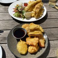Vegan fish and chips, and veggie tempura - both off the vegan menu   at Careys Bay Historic Hotel in Dunedin
