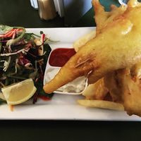 Banana blossom fish and chips  at Careys Bay Historic Hotel in Dunedin
