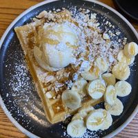 Mixed nut waffle with vegan ice cream and banana  at The Waffle House in Norwich