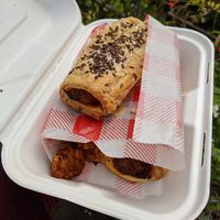 Take away hot vegan sausage rolls (taste more like vegan spiced sweet potato pasties) at The Wonder Spot in Edinburgh