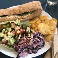 Lobstah roll. Very nice, reasonable approximation. Not fishy tasting 😊 nicely tangy with dill and capers
I’m not a huge fan of gf Bread but as that goes this sub was certainl at Tom's Diner in Banbury