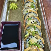 Hurricane Roll tempura grilled asparagus, avocado, soy ginger tofu de jalapeno plum glaze  at Pacific Coast Grill in Cardiff