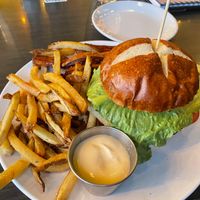 Burger with mixed fries (sweet potato and regular) at The Electric Cheetah in Grand Rapids