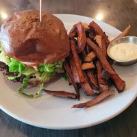 The Wise Guy vegan burger with sweet potato fries (minus the pickle spear I already ate!) at The Electric Cheetah in Grand Rapids