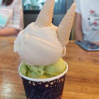 Avocado lime sorbet and lychee sorbet at 7 Senses Gelato Studio in Chiang Mai
