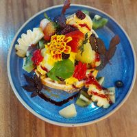 Vegan waffle with mango and passionfruit sorbet at 7 Senses Gelato Studio in Chiang Mai