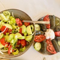 Greek salad without Mayo and dolmas with vegan Mayo  at Cafe12 in Crete