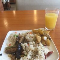 Veggie fried rice, fried without egg, in sesame oil. An eggplant and asparagus dish and yummy potatoes! at Deng Pin Vegetarian in Huizhou