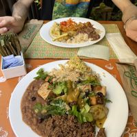 Traditional brasilian beans, minced “meat”, tofu, salad, muito bom at Bardana Cozinha Natural in Rio De Janeiro