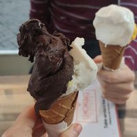 Chocolate/rum/cherry and banana (front) and lemon/mango (back), all vegan at Lemongrass in Rome