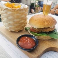 Veggie Burger with Sweet Potatoe Chips at Bento's in Praia Da Barra