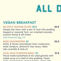 Vegan breakfast menu   at 38 South in Seaford
