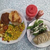 Full plate breakfast (left) Good morning Ithaca (right) at Angelhearts Donuts in Ithaca