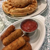 Mozz sticks, chicken and waffles at Angelhearts Donuts in Ithaca