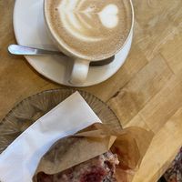 Pea milk cappuccino and banana raspberry coconut muffin  at Kawa in Poznan
