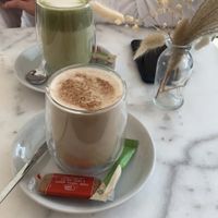 Matcha with caramel and vanilla and cacao, both with oat milk   at Coffee and Cakes in Amsterdam