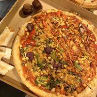 vegan half an half bbq jackfruit and veggie pizza at Pizza Hut in Lancaster