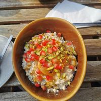 Sweet tahini, pistachio and apricot overnight oats. Yum! at T @ the dials in Brighton