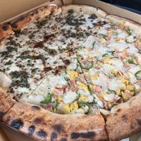 Vegan pie (half pesto, half Hawaiian)  at Pizza Flora in San Jose