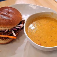 Spicy crabcake sandwich and smokey Corn bisque at Veggie Grill by Next Level in Cambridge