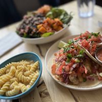 Fish taco, Mac-n-cheese side, Korean bowl in background. All 👍🏼   at Veggie Grill by Next Level in Cambridge