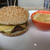 Ultimate mushroom burger and side of Mac and cheese at Veggie Grill by Next Level in Cambridge