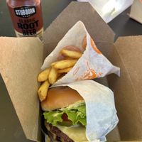 Takeout American cheeseburger and fries   at Veggie Grill by Next Level in Cambridge