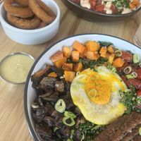 Buddha Bowl and Onion Rings with “Hunny” Mustand….rreeeaaallly good  at Veggie Grill by Next Level in Cambridge