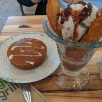 Churro sundae and pumpkin spice cake at Veggie Grill by Next Level in Cambridge