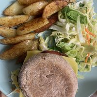 BBQ beetroot and walnut burger with potatoes and salad  at Simple Goodness in Penrith