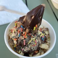 Chocolate oat milk ice cream with vegan hard shell and peanut crunch.   at Big Softie in Atlanta