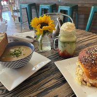 Corn chowder, chickpea "tuna" sandwich, and an iced strawberry matcha latte at The Baklava Lady in English Town