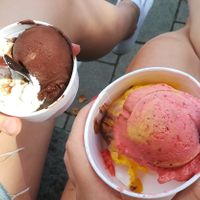 Lemon and Belgian chocolate (left-hand side) and Indian mango and strawberry (right-hand side)  at Eismanufaktur Soest in Soest