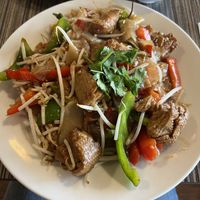 pad kee mao (spicy noodle - very spicy!) ordered vegan with mock meatt  at Charm Thai Kitchen in San Diego