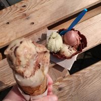 April 9th 2023: Mozartkugel + Licorice (left) and Mozartkugel + Red Nougat + Pumpkinseed (right) in freshly made ice cone/bowl. Delicious! at Thommy's Eismanufaktur in Leipzig