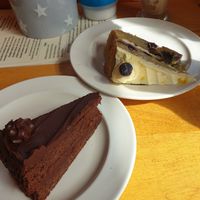 Chocolate fudge cake and lemon & blueberry cake at Barkers Cafe Bar in Helmsley