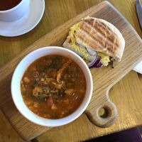 Soup and panini (both vegan) at Barkers Cafe Bar in Helmsley